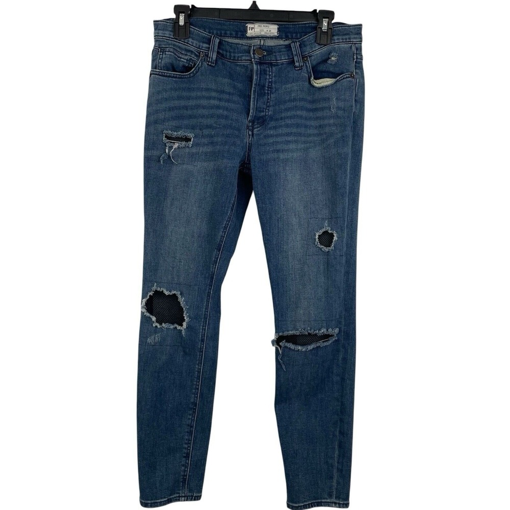 Free People Skinny Jeans Women 28 Blue Distressed Ripped Mesh Underlay Butto Fly